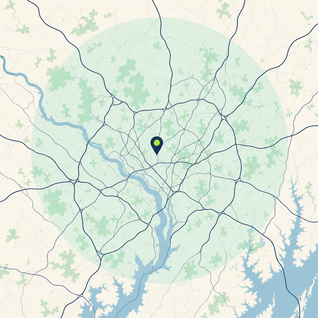 Illustrated map of the Washington DC, Maryland, and Virginia (DMV) service area